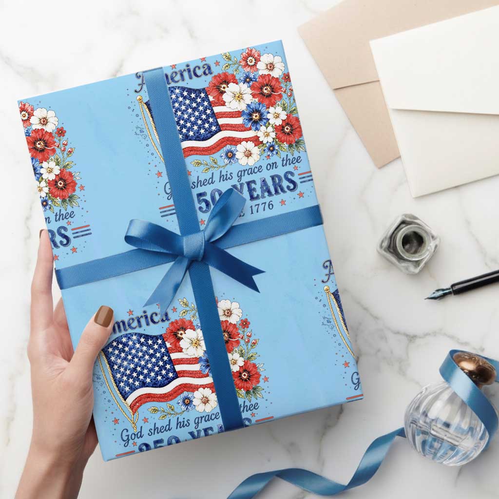 USA 250th Anniversary Flag Floral Graphic Wrapping Paper Roll 250 Years America Patriot 4th of July Patriotism Gift TS10 Light Blue Print Your Wear