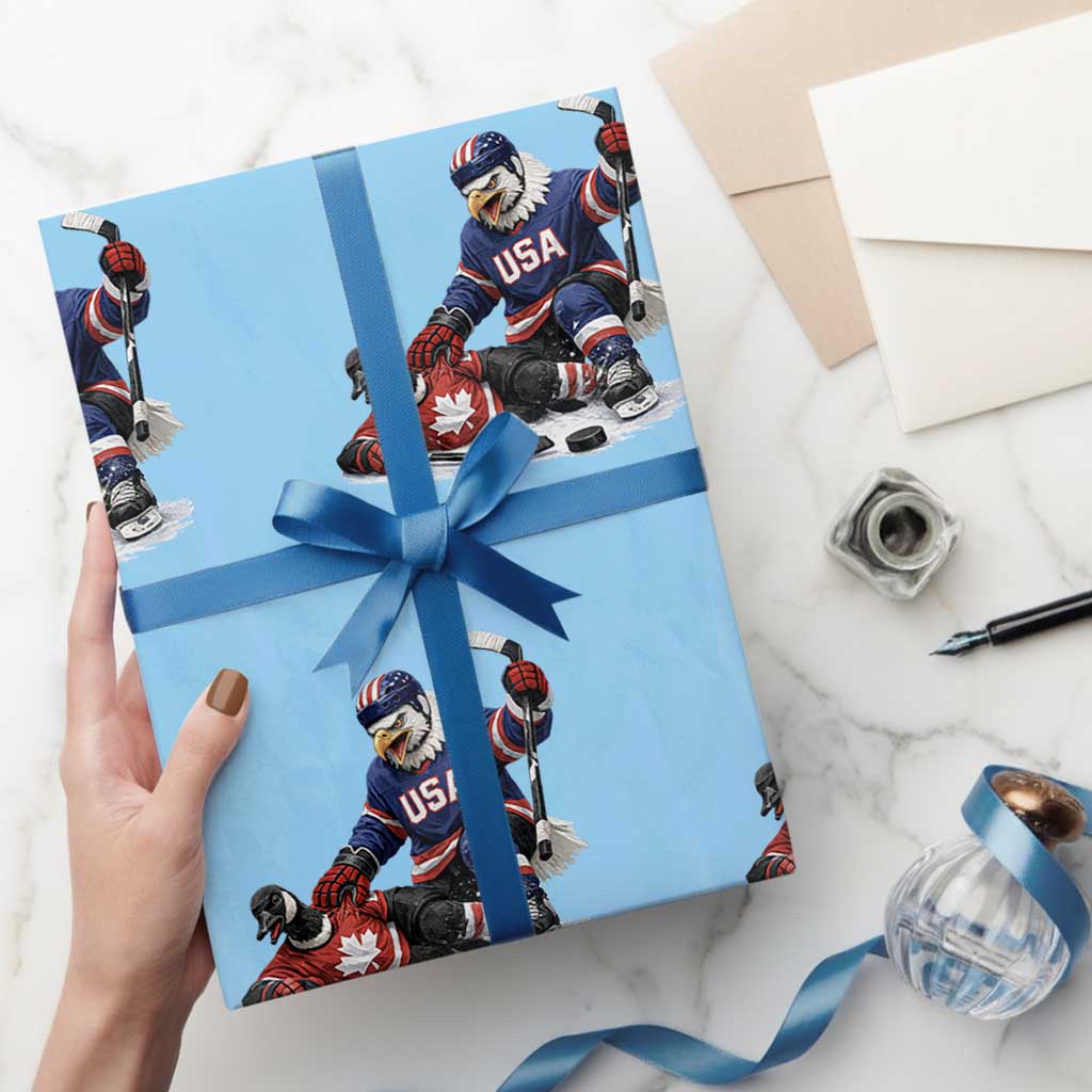 USA Eagle Vs Canada Loon Rivalry Graphic Wrapping Paper Roll Funny Sports Fan Ice Hockey Game Day Supporter TS02 Light Blue Print Your Wear