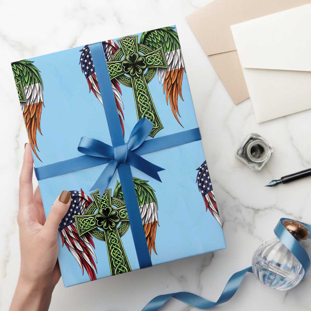 USA Flag Celtic Cross Irish American Wrapping Paper Roll St Patricks Day Gift TS12 Light Blue Print Your Wear