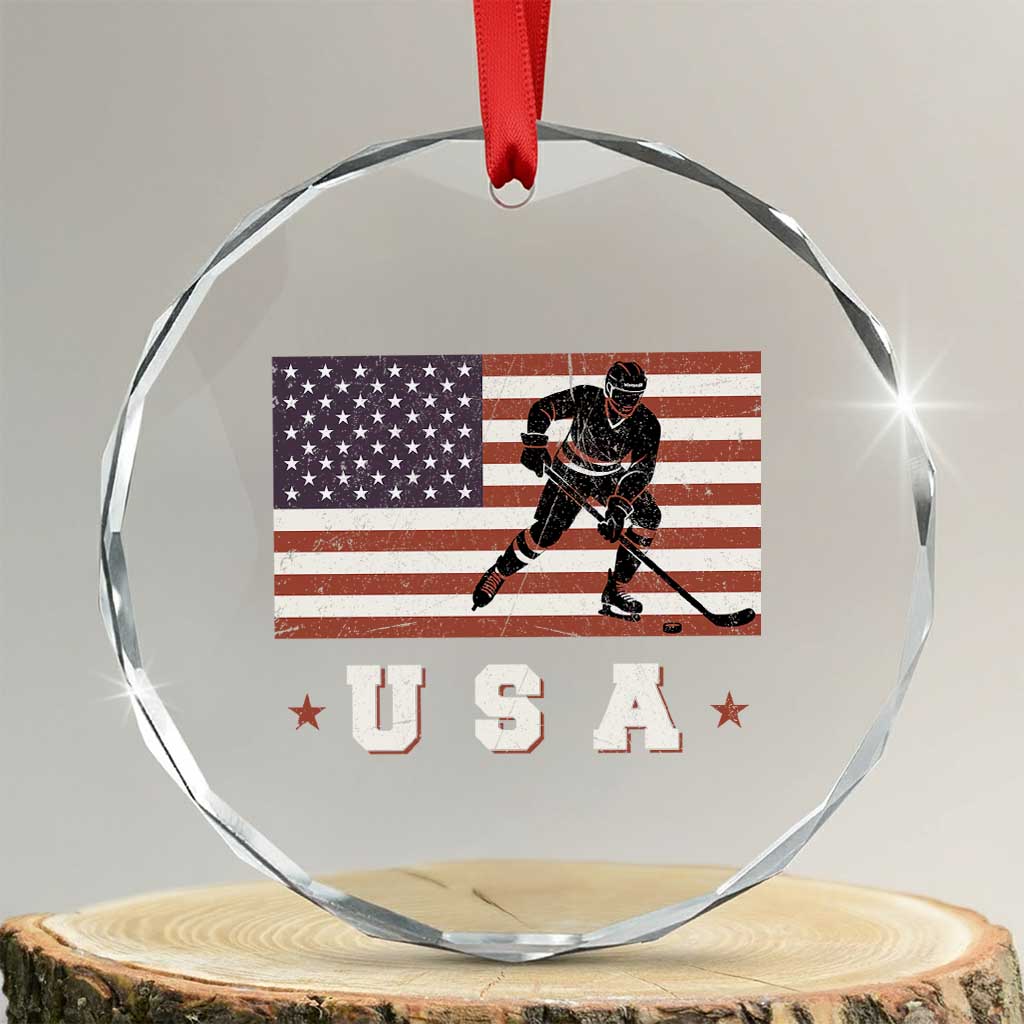 USA Flag Hockey Crystal Glass Ornament Patriotic Ice Hockey Player Retro Vintage TS02 Transparent Glass 3'' Circle Print Your Wear