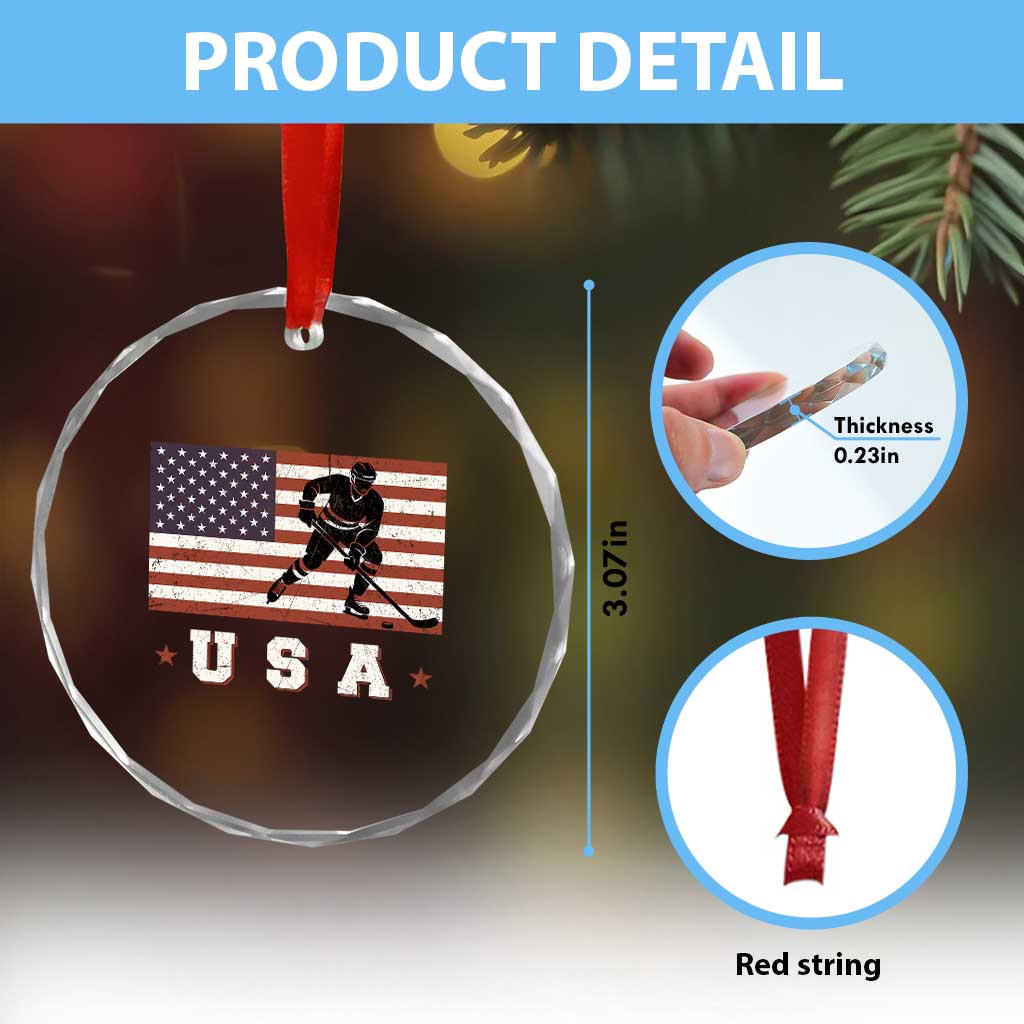 USA Flag Hockey Crystal Glass Ornament Patriotic Ice Hockey Player Retro Vintage TS02 Print Your Wear