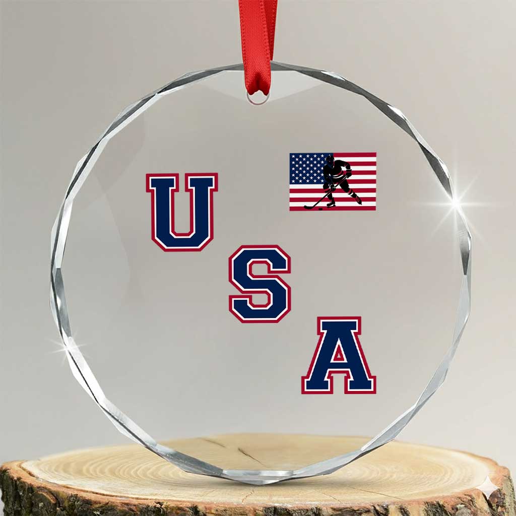 USA Flag Hockey Crystal Glass Ornament Patriotic Ice Hockey Team Fan Vintage Throwback TS02 Transparent Glass 3'' Circle Print Your Wear