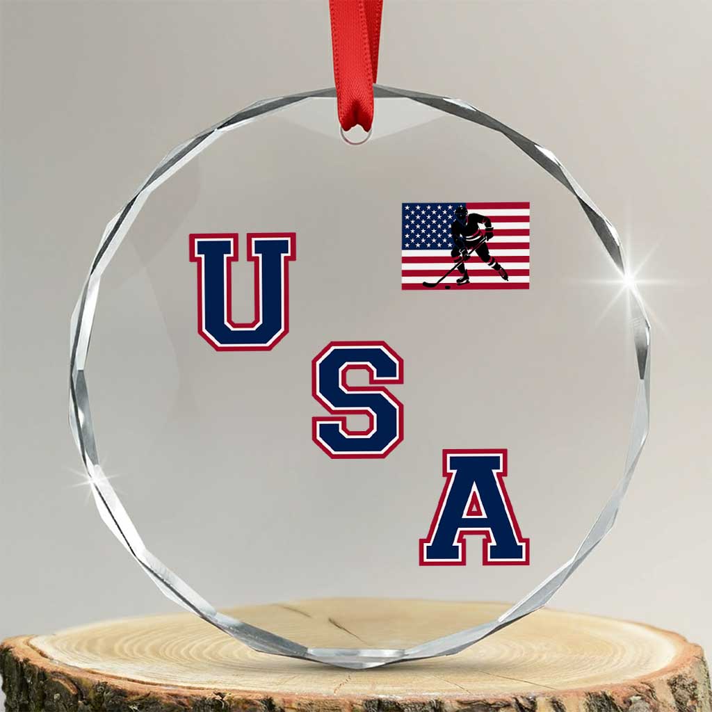 USA Flag Hockey Crystal Glass Ornament Patriotic Ice Hockey Team Fan Vintage Throwback TS02 Transparent Glass 3'' Circle Print Your Wear