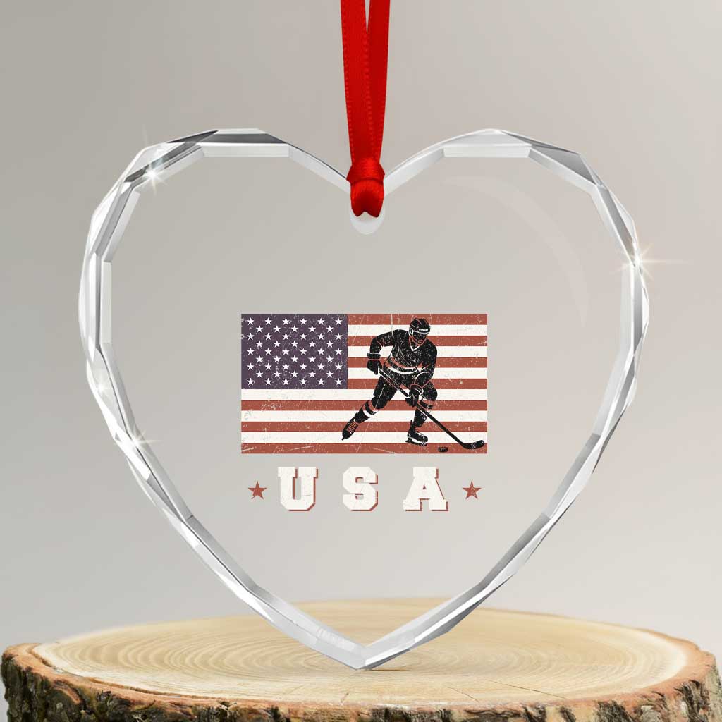 USA Flag Hockey Heart Crystal Glass Ornament Patriotic Ice Hockey Player Retro Vintage TS02 Transparent Glass 3'' Heart Print Your Wear