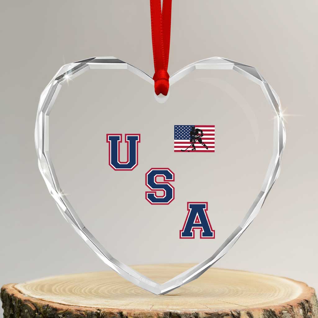 USA Flag Hockey Heart Crystal Glass Ornament Patriotic Ice Hockey Team Fan Vintage Throwback TS02 Transparent Glass 3'' Heart Print Your Wear
