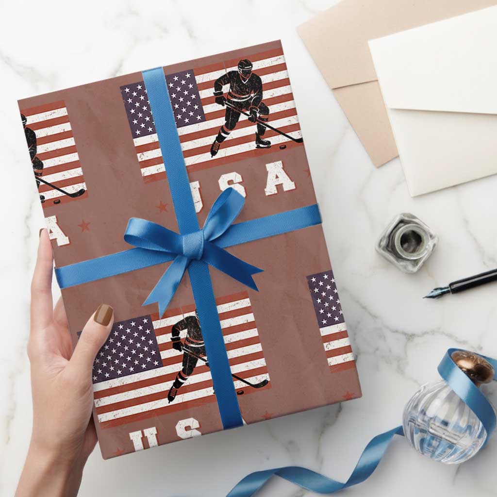 USA Flag Hockey Wrapping Paper Roll Patriotic Ice Hockey Player Retro Vintage TS02 Mocha Print Your Wear