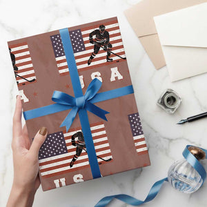USA Flag Hockey Wrapping Paper Roll Patriotic Ice Hockey Player Retro Vintage TS02 Mocha Print Your Wear