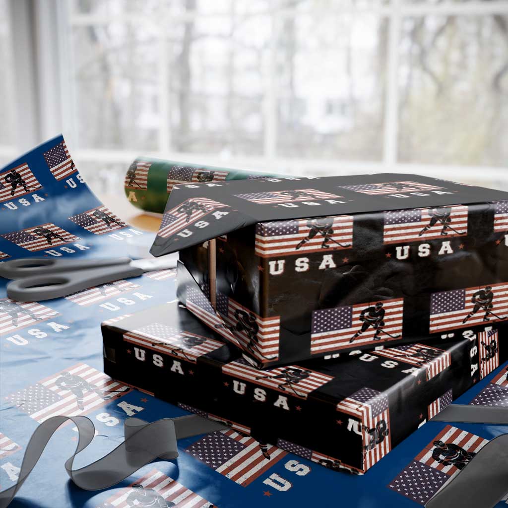 USA Flag Hockey Wrapping Paper Roll Patriotic Ice Hockey Player Retro Vintage TS02 Black Print Your Wear