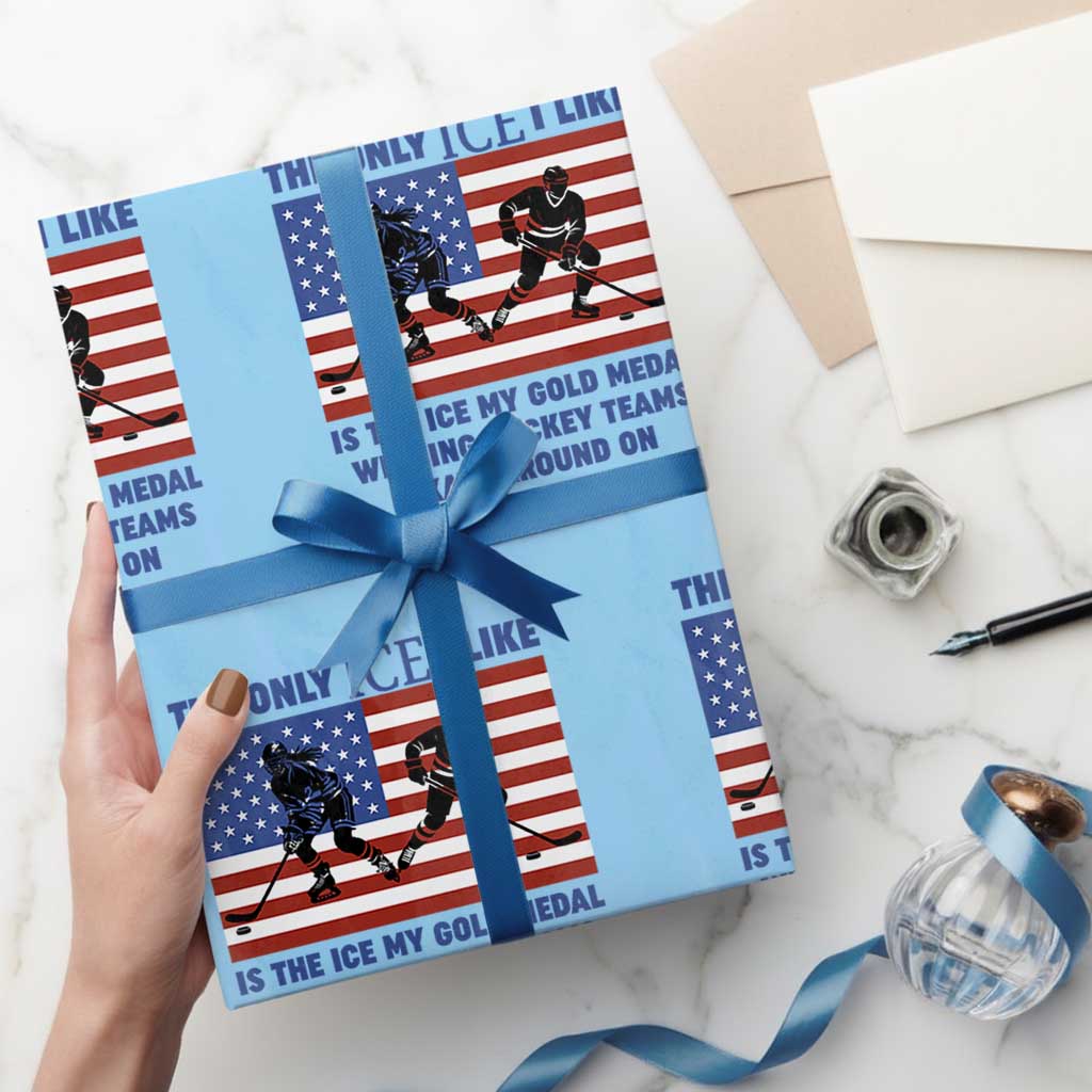 USA Gold Medal Hockey Patriotic American Flag Wrapping Paper Roll The Only Ice I Like Champions TS02 Light Blue Print Your Wear