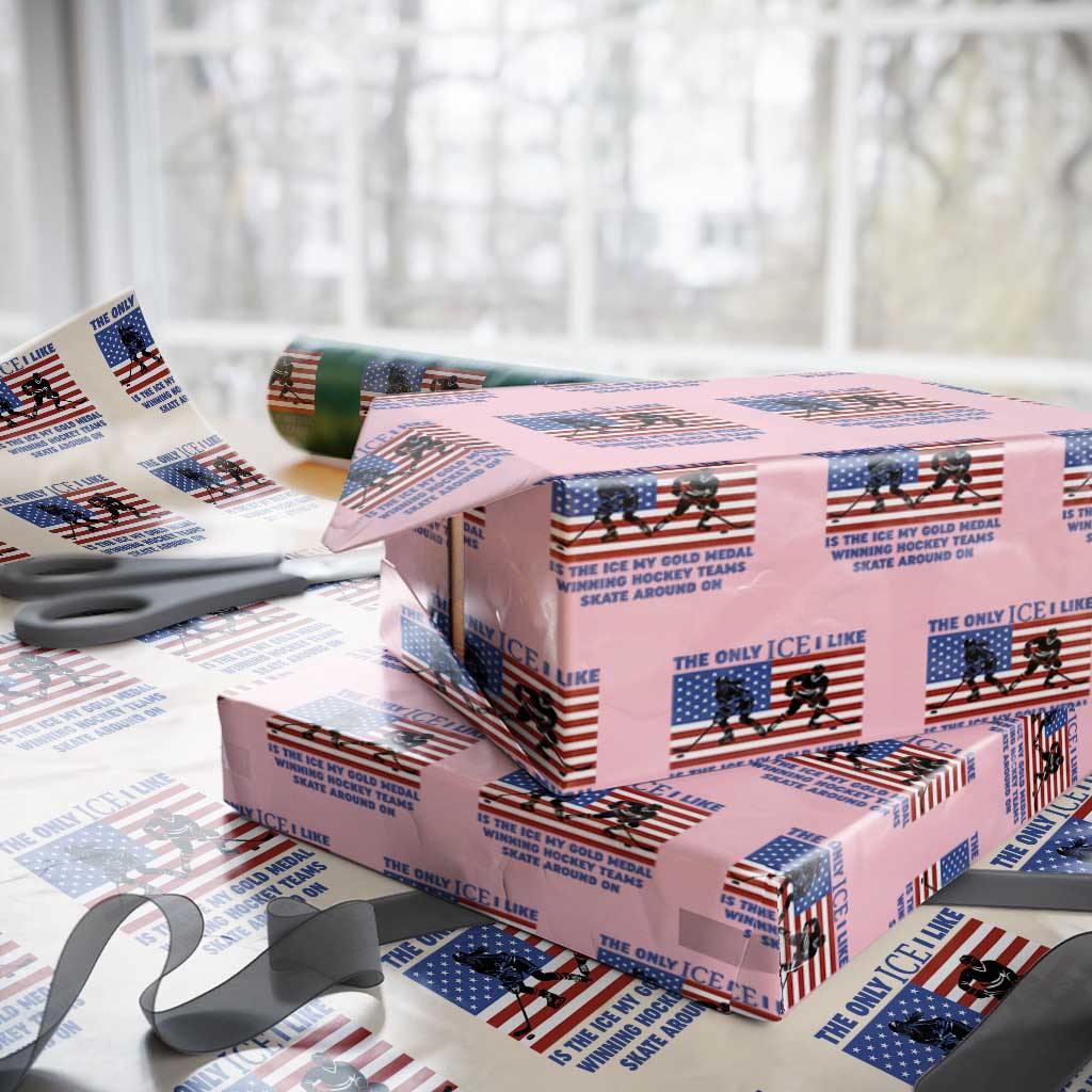 USA Gold Medal Hockey Patriotic American Flag Wrapping Paper Roll The Only Ice I Like Champions TS02 Light Pink Print Your Wear