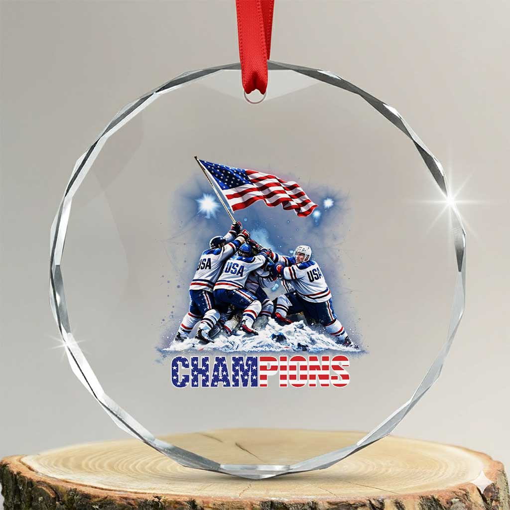 USA Ice Hockey Crystal Glass Ornament Hockey Champions 2026 USA Players Raising Flag On Ice TS10 Transparent Glass 3'' Circle Print Your Wear