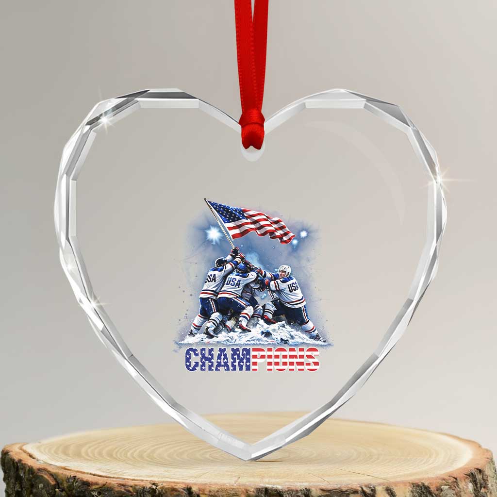 USA Ice Hockey Heart Crystal Glass Ornament Hockey Champions 2026 USA Players Raising Flag On Ice TS10 Transparent Glass 3'' Heart Print Your Wear
