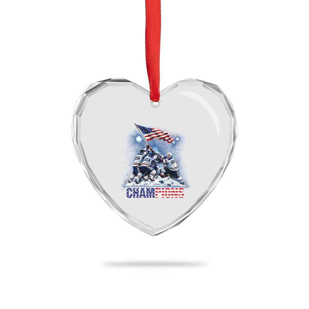 USA Ice Hockey Heart Crystal Glass Ornament Hockey Champions 2026 USA Players Raising Flag On Ice TS10 Print Your Wear