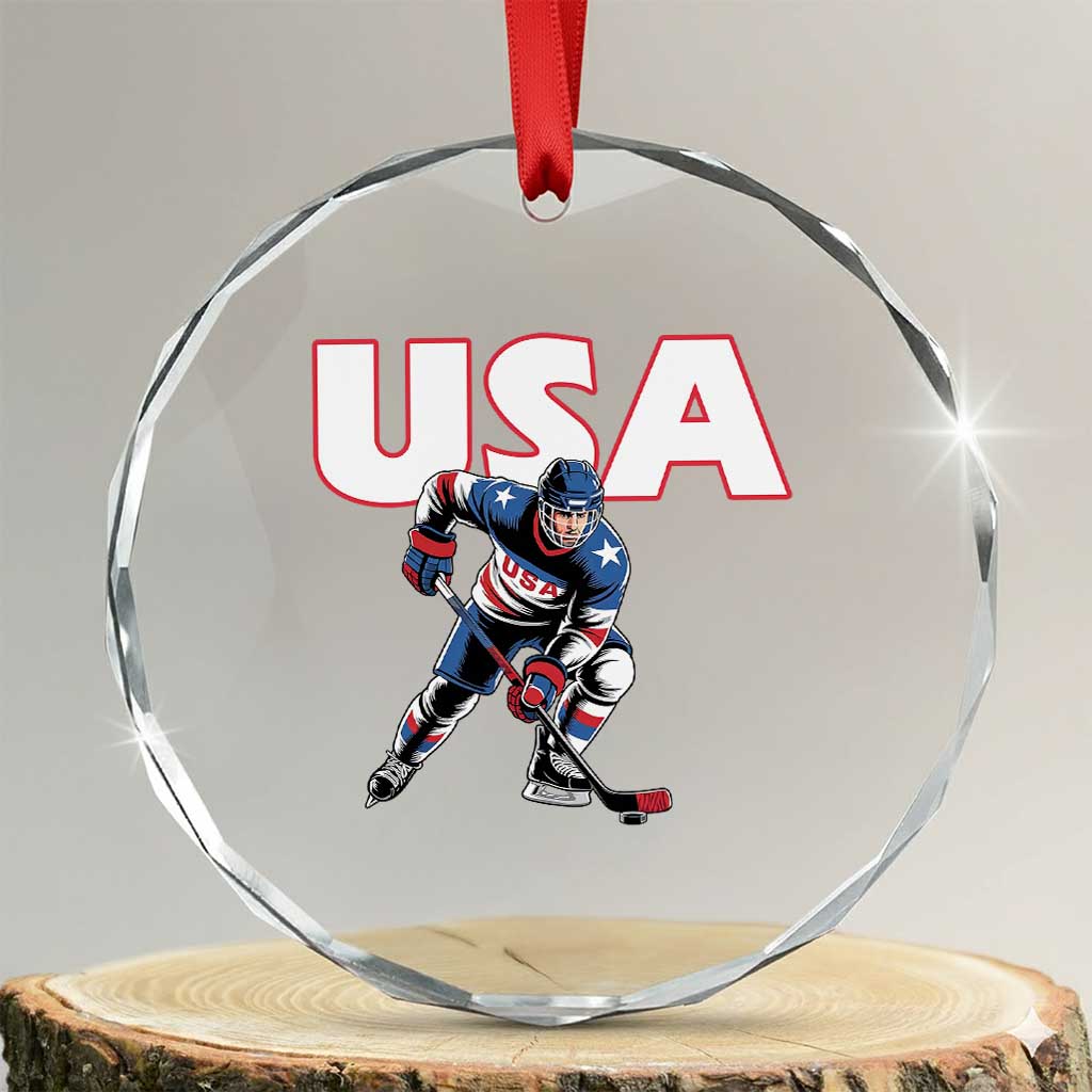 USA Ice Hockey Player Patriotic Graphic Crystal Glass Ornament Red White and Blue American Sports Fan TS02 Transparent Glass 3'' Circle Print Your Wear
