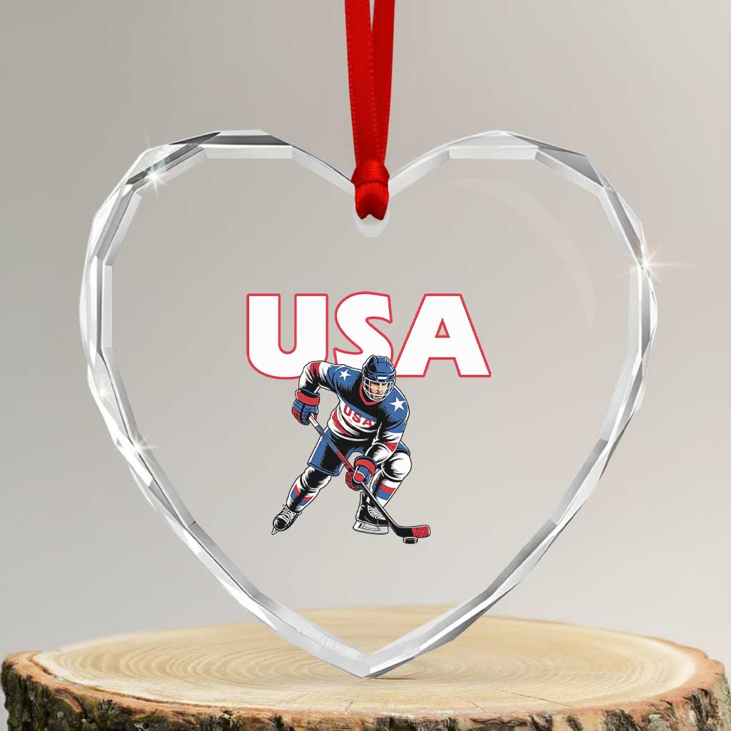 USA Ice Hockey Player Patriotic Graphic Heart Crystal Glass Ornament Red White and Blue American Sports Fan TS02 Transparent Glass 3'' Heart Print Your Wear