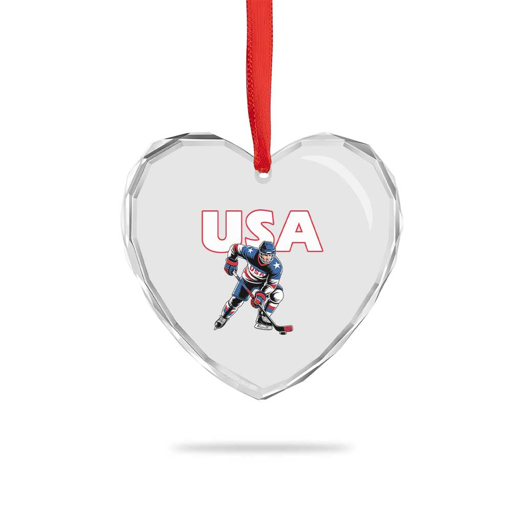 USA Ice Hockey Player Patriotic Graphic Heart Crystal Glass Ornament Red White and Blue American Sports Fan TS02 Print Your Wear