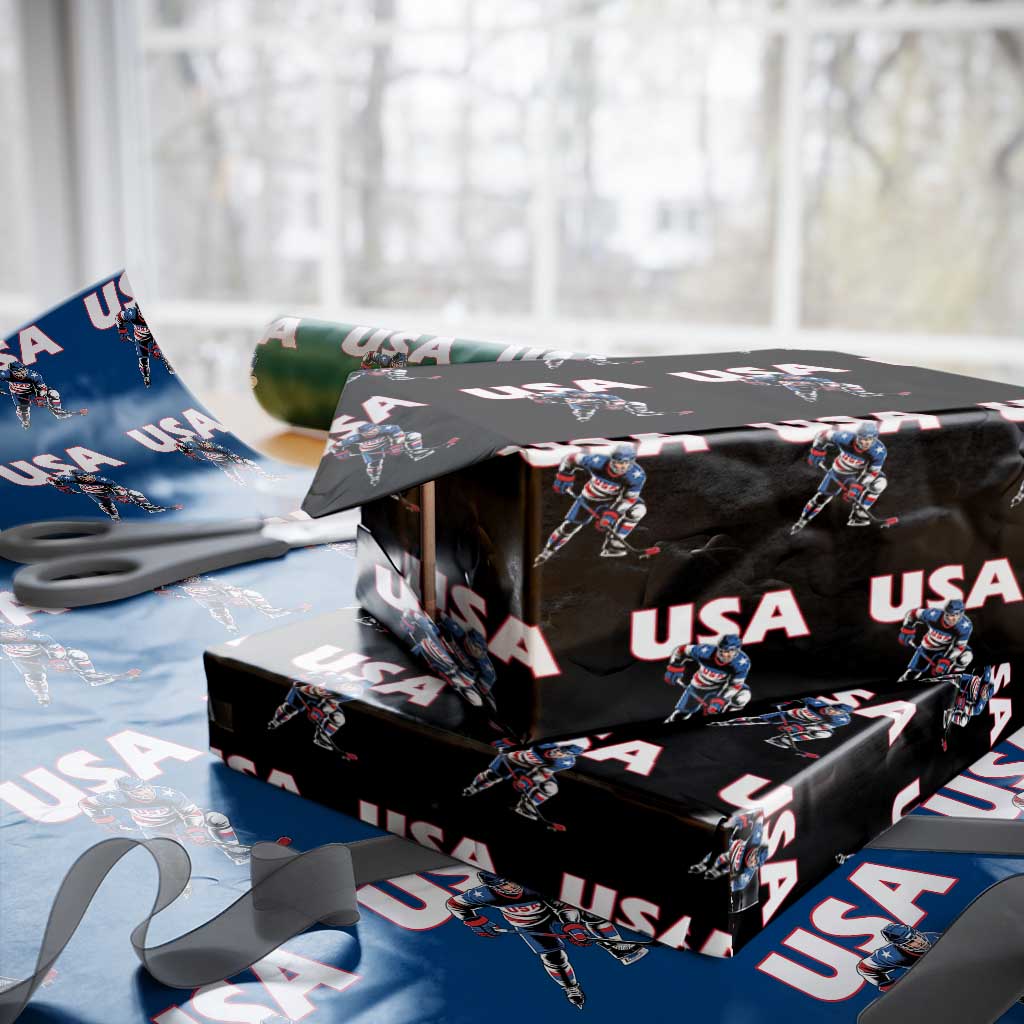 USA Ice Hockey Player Patriotic Graphic Wrapping Paper Roll Red White and Blue American Sports Fan TS02 Black Print Your Wear
