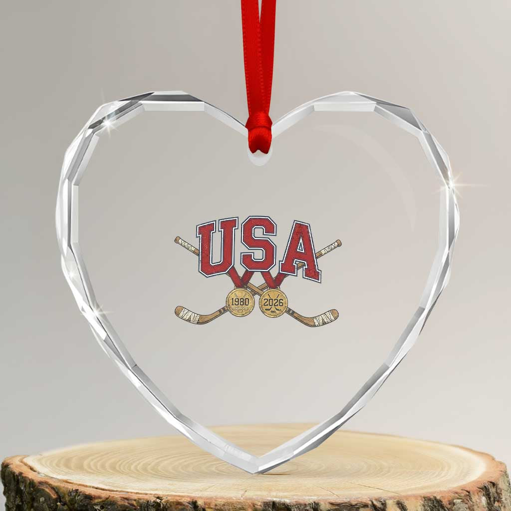 USA Ice Hockey Pride 1980 to 2026 Legacy Heart Crystal Glass Ornament Patriotic American Champions TS02 Transparent Glass 3'' Heart Print Your Wear