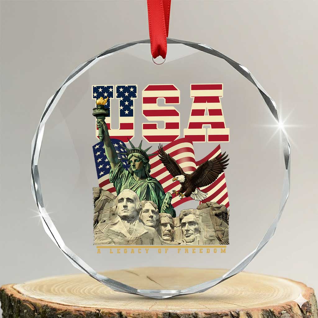 USA Legacy of Freedom Crystal Glass Ornament Patriotic Statue of Liberty Bald Eagle Mount Rushmore Graphic TS02 Transparent Glass 3'' Circle Print Your Wear