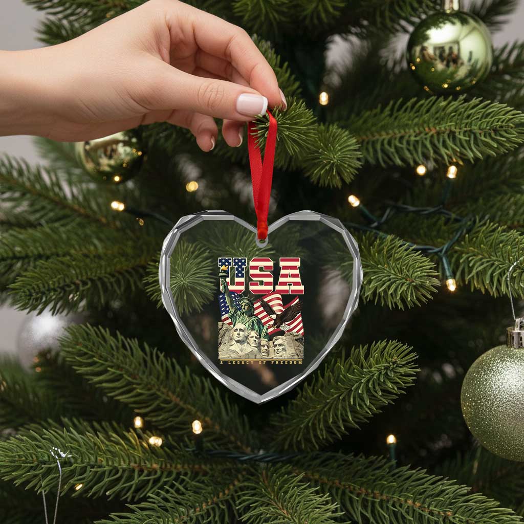 USA Legacy of Freedom Heart Crystal Glass Ornament Patriotic Statue of Liberty Bald Eagle Mount Rushmore Graphic TS02 Print Your Wear