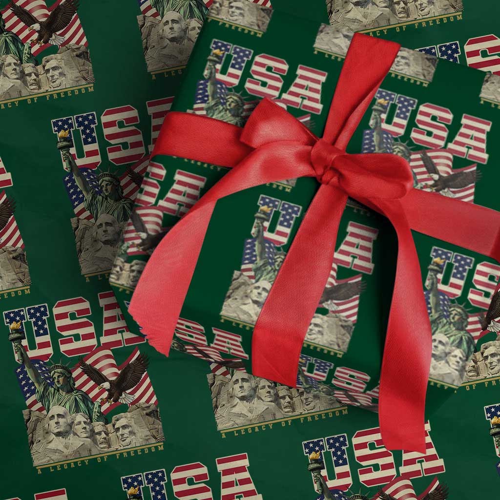 USA Legacy of Freedom Wrapping Paper Roll Patriotic Statue of Liberty Bald Eagle Mount Rushmore Graphic TS02 Green Print Your Wear