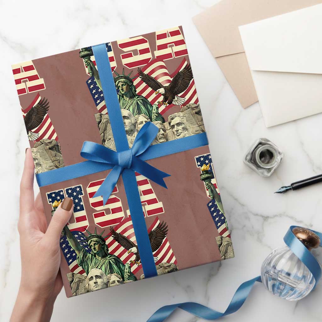 USA Legacy of Freedom Wrapping Paper Roll Patriotic Statue of Liberty Bald Eagle Mount Rushmore Graphic TS02 Mocha Print Your Wear