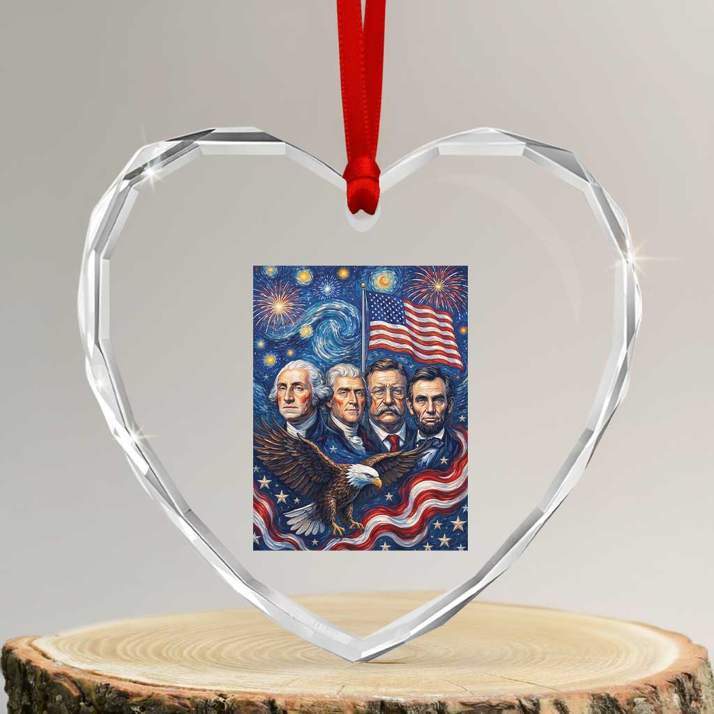 USA Presidents Mount Rushmore Heart Crystal Glass Ornament Starry Night Inspired Art