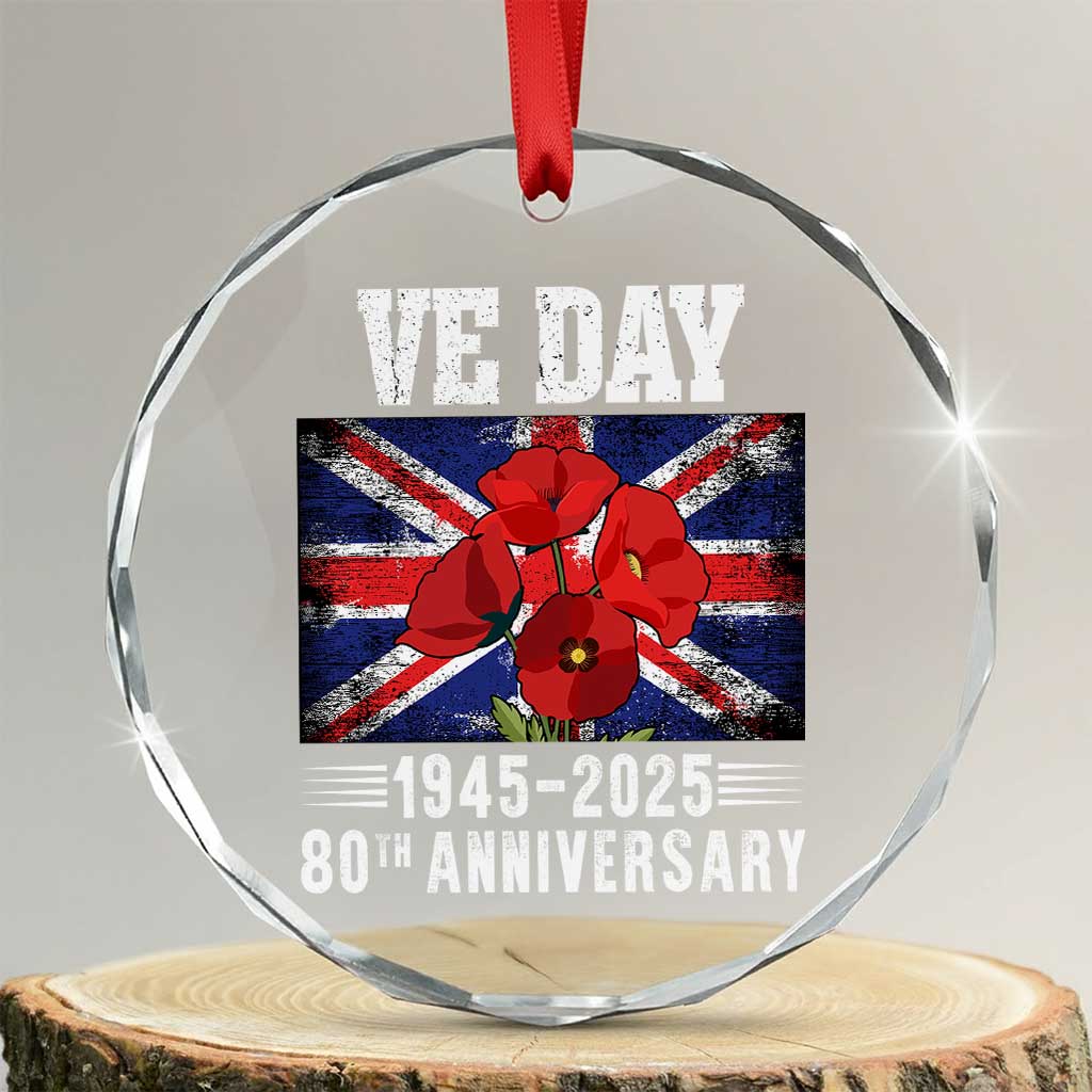 VE Day 80th Anniversary Crystal Glass Ornament 2025 Celebration Union Flag Poppies WWII Remembrance TS02 Transparent Glass 3'' Circle Print Your Wear