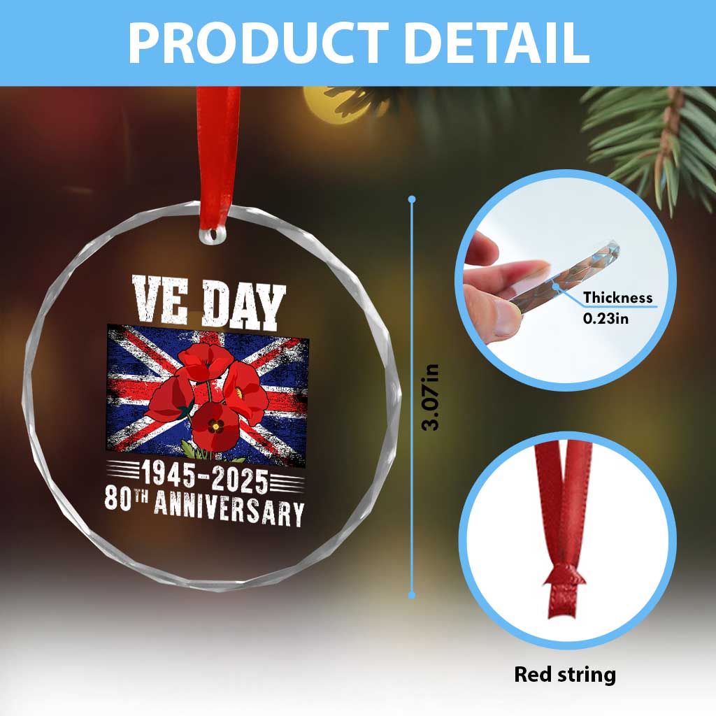 VE Day 80th Anniversary Crystal Glass Ornament 2025 Celebration Union Flag Poppies WWII Remembrance TS02 Print Your Wear