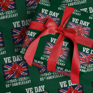 VE Day 80th Anniversary Wrapping Paper Roll 2025 Celebration Union Flag Poppies WWII Remembrance TS02 Green Print Your Wear