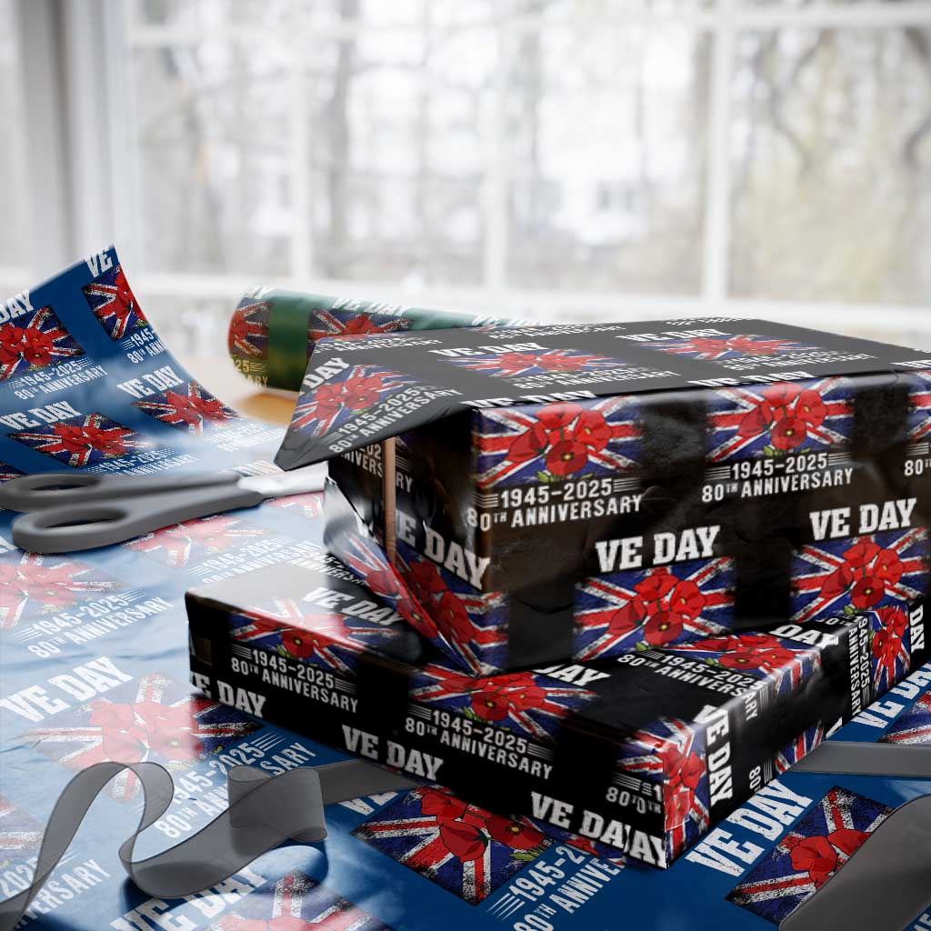 VE Day 80th Anniversary Wrapping Paper Roll 2025 Celebration Union Flag Poppies WWII Remembrance TS02 Black Print Your Wear