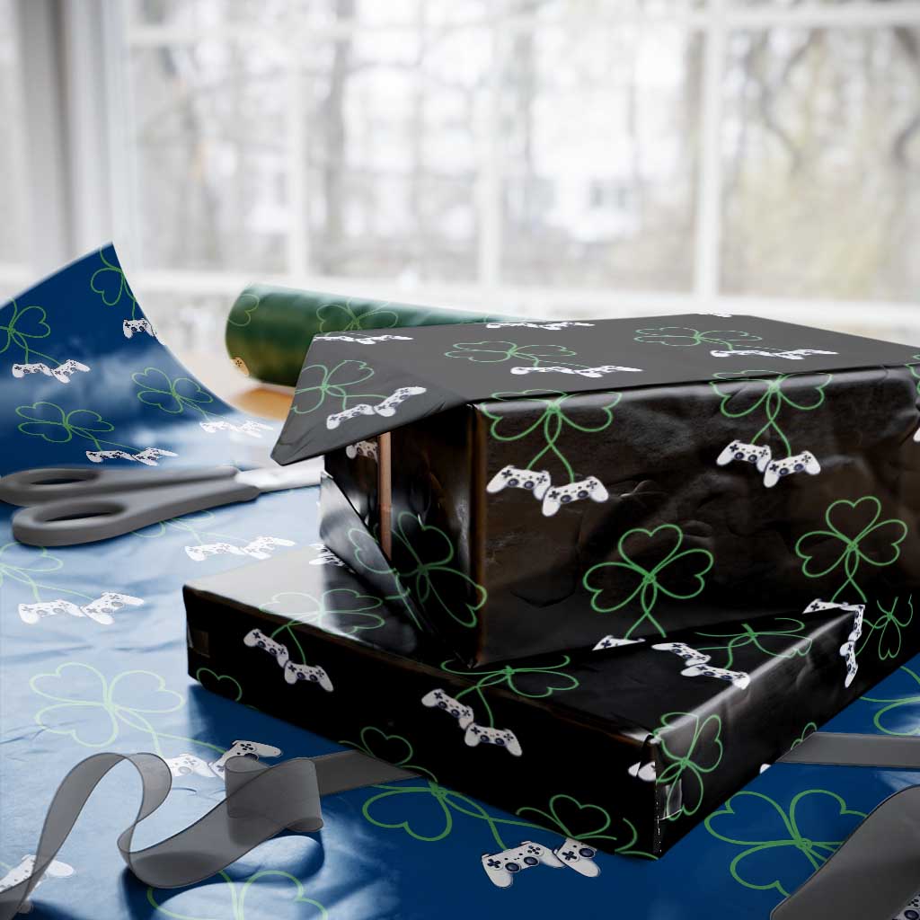 Video Game Lover St Patricks Day with Shamrock Controllers Wrapping Paper Roll TS11 Black Print Your Wear