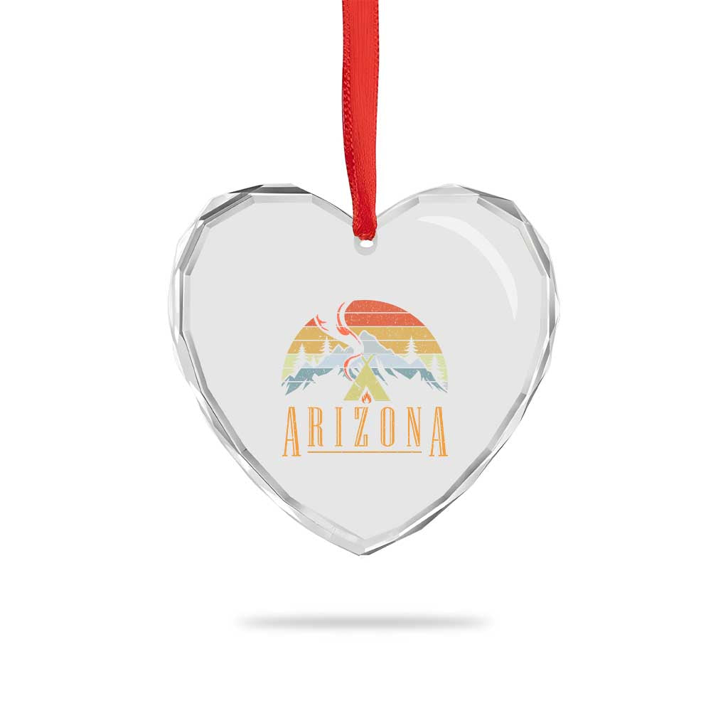 Vintage Arizona Camping Mountain Graphic Heart Crystal Glass Ornament Retro Sunset Wilderness Outdoor Adventure Souvenir