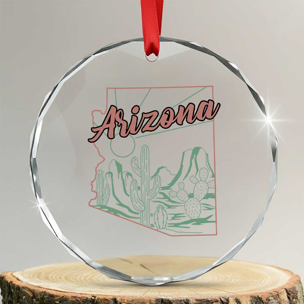 Vintage Arizona State Outline Desert Sunset Graphic Crystal Glass Ornament Retro Southwest Saguaro Cactus Travel Souvenir TS02 Transparent Glass 3'' Circle Print Your Wear