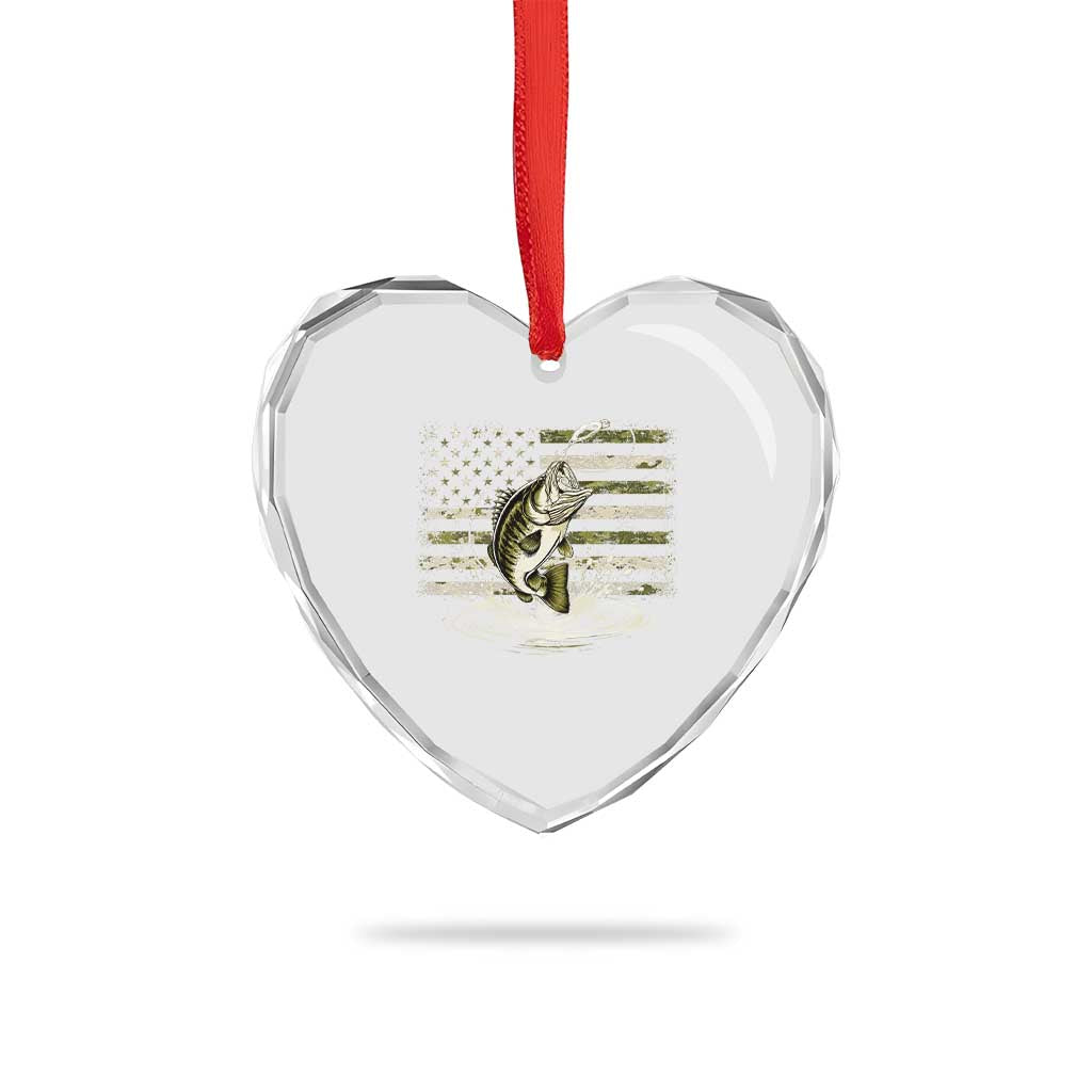 Vintage Bass Fishing Camouflage Heart Crystal Glass Ornament Patriotic Largemouth Bass Angler Fishing Lovers Fisherman Camo US Flag