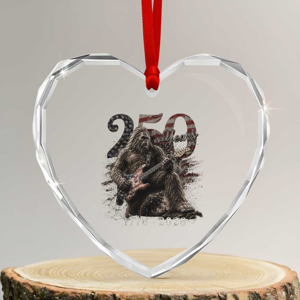 Vintage Bigfoot Playing Guitar 250 Years Heart Crystal Glass Ornament 1776 2026 Bigfoot Patriotic USA Flag Sasquatch TS10 Transparent Glass 3'' Heart Print Your Wear