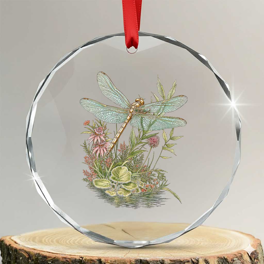 Vintage Botanical Wildflower Dragonfly Crystal Glass Ornament Boho Retro Cottagecore TS12 Transparent Glass 3'' Circle Print Your Wear