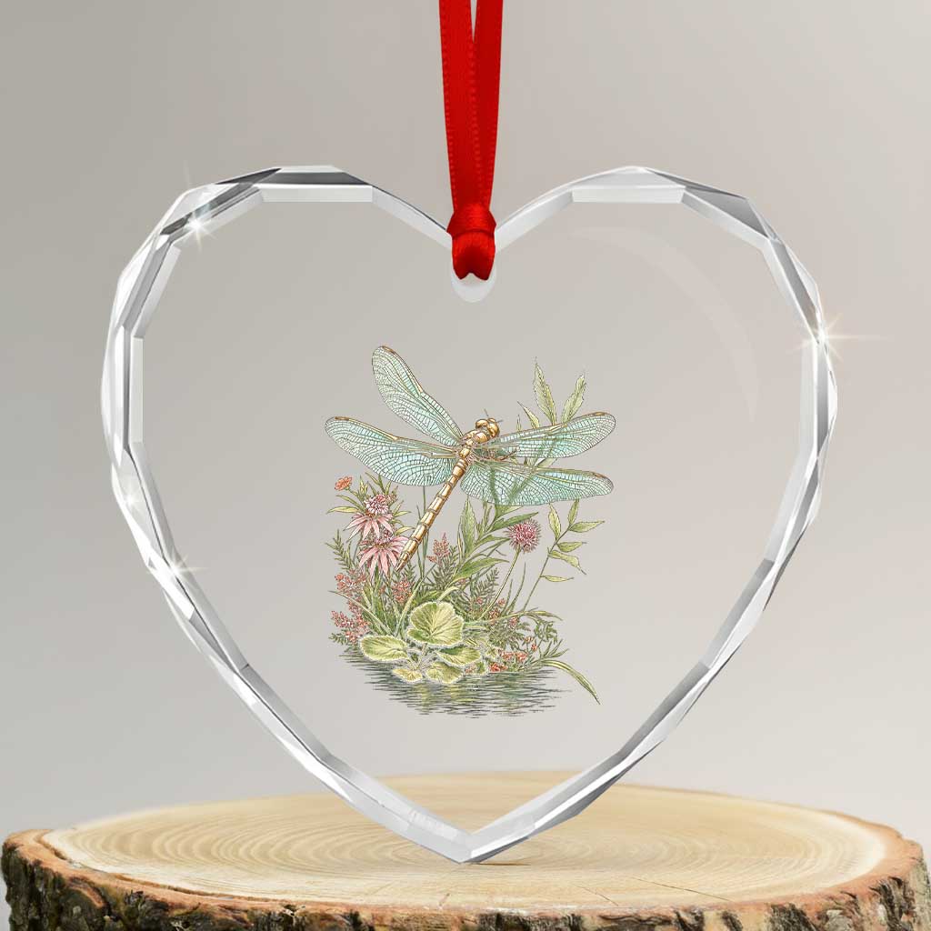 Vintage Botanical Wildflower Dragonfly Heart Crystal Glass Ornament Boho Retro Cottagecore TS12 Transparent Glass 3'' Heart Print Your Wear