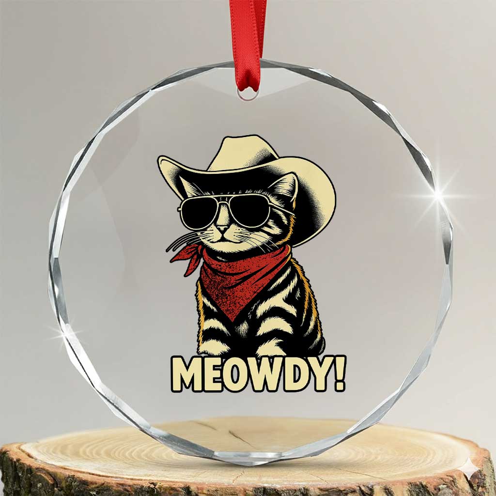 Vintage Cowboy Cat Crystal Glass Ornament Retro 90s Western Country Rodeo Meowdy Partner TS10 Transparent Glass 3'' Circle Print Your Wear