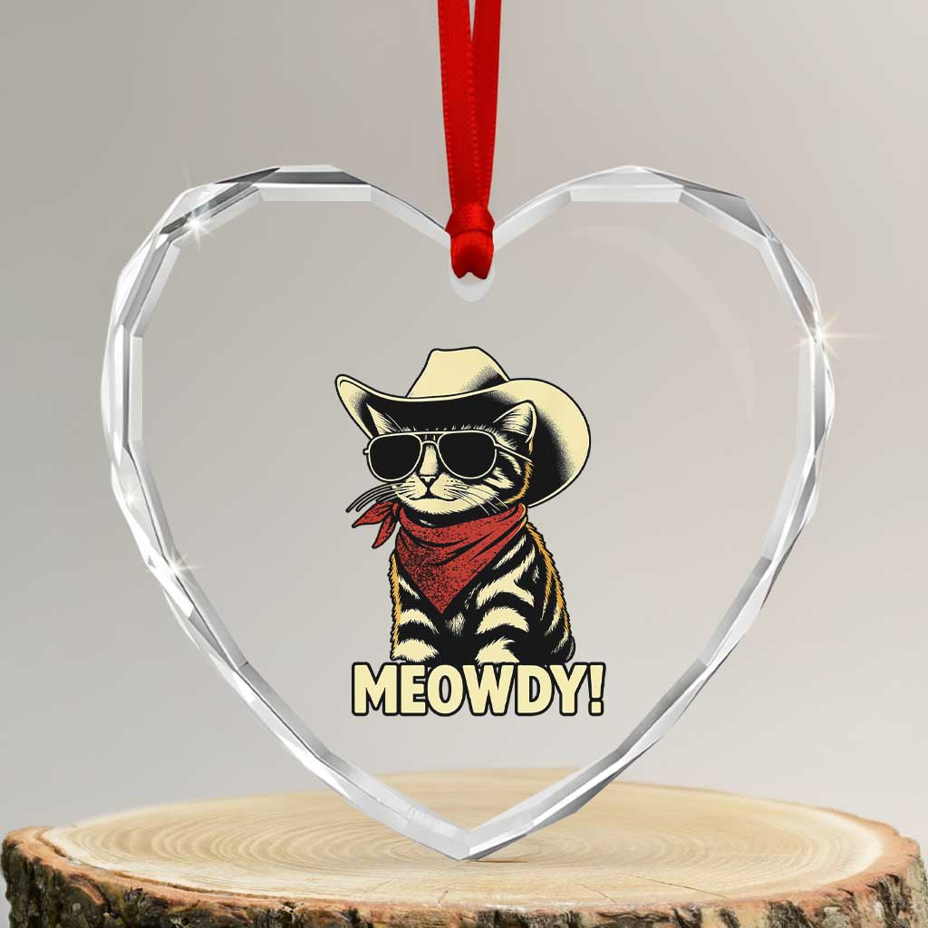 Vintage Cowboy Cat Heart Crystal Glass Ornament Retro 90s Western Country Rodeo Meowdy Partner TS10 Transparent Glass 3'' Heart Print Your Wear