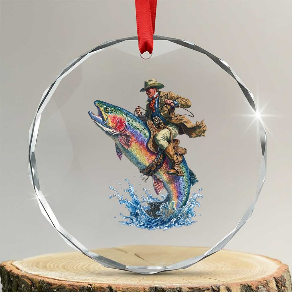 Vintage Cowboy Riding Rainbow Trout Crystal Glass Ornament Funny Fishing Western Rodeo TS14 Transparent Glass 3'' Circle Print Your Wear