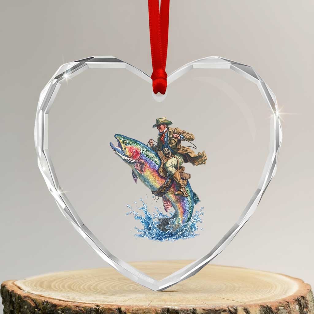 Vintage Cowboy Riding Rainbow Trout Heart Crystal Glass Ornament Funny Fishing Western Rodeo TS14 Transparent Glass 3'' Heart Print Your Wear
