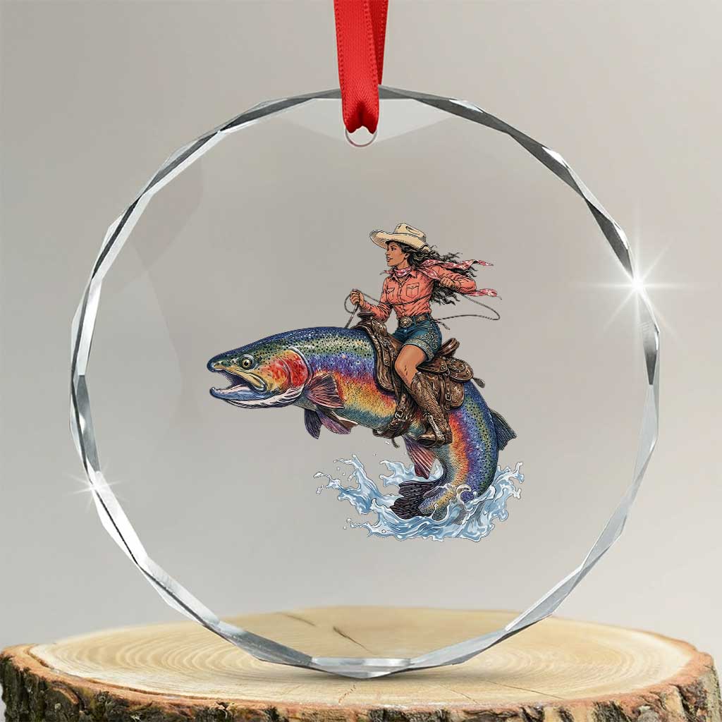 Vintage Cowgirl Riding Rainbow Trout Crystal Glass Ornament Funny Fishing Western Rodeo TS14 Transparent Glass 3'' Circle Print Your Wear