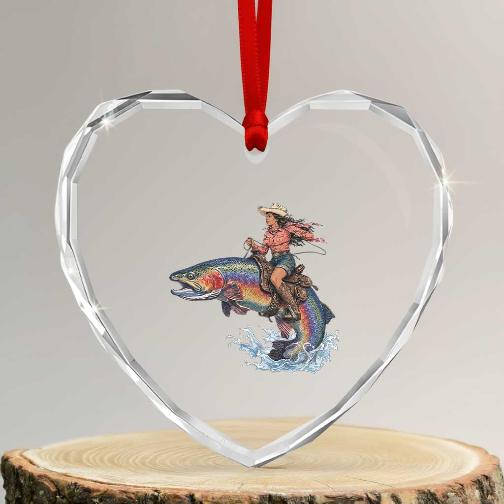 Vintage Cowgirl Riding Rainbow Trout Heart Crystal Glass Ornament Funny Fishing Western Rodeo TS14 Transparent Glass 3'' Heart Print Your Wear