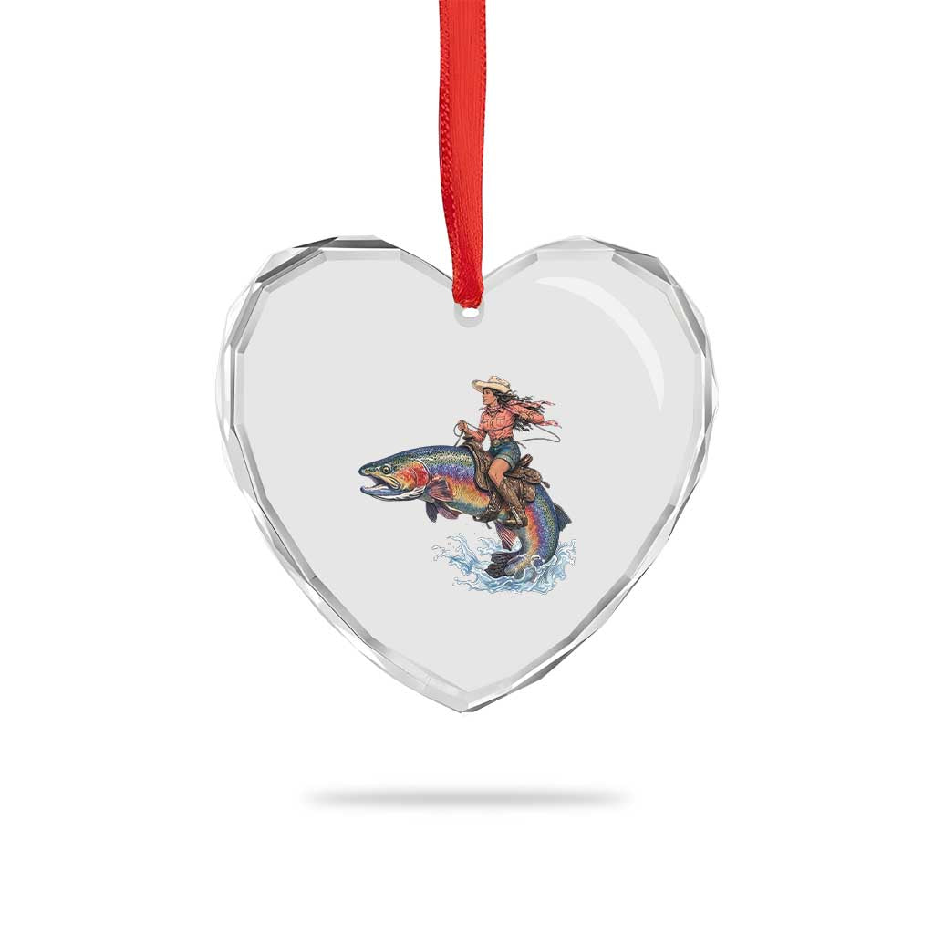 Vintage Cowgirl Riding Rainbow Trout Heart Crystal Glass Ornament Funny Fishing Western Rodeo TS14 Print Your Wear