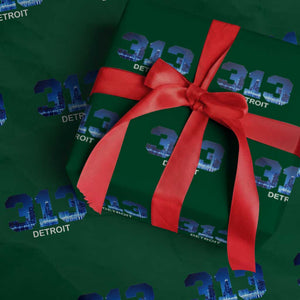 Vintage Detroit Michigan 313 Wrapping Paper Roll Area Code Skyline TS10 Green Print Your Wear