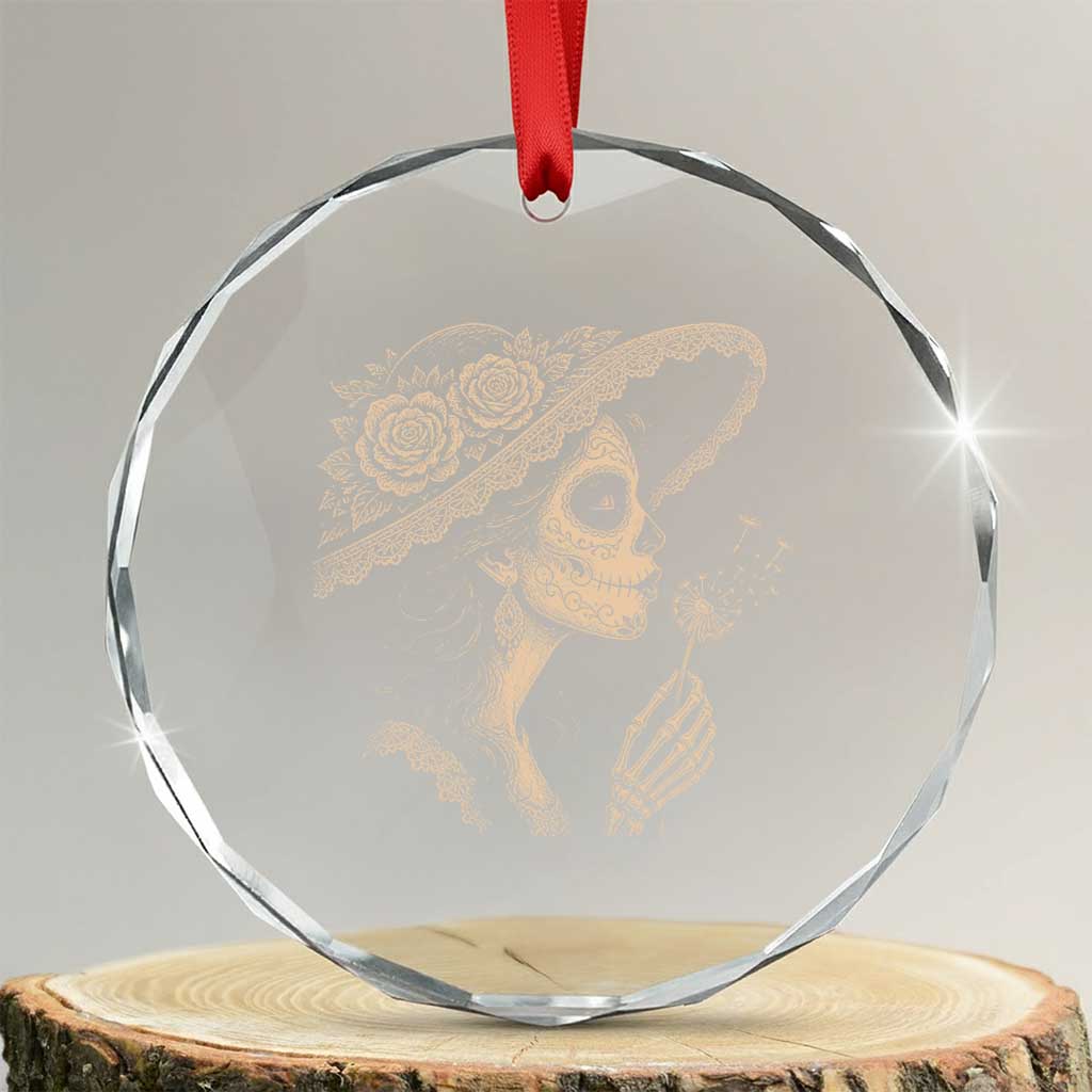 Vintage Dia de los Muertos Catrina Portrait Graphic Crystal Glass Ornament Gothic Sugar Skull Woman Blowing Dandelion TS02 Transparent Glass 3'' Circle Print Your Wear