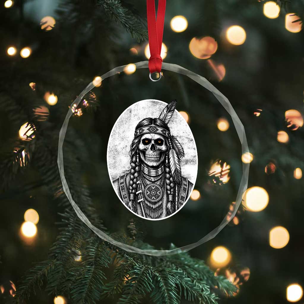 Vintage Gothic Skull Warrior Crystal Glass Ornament Native American Feather Chief