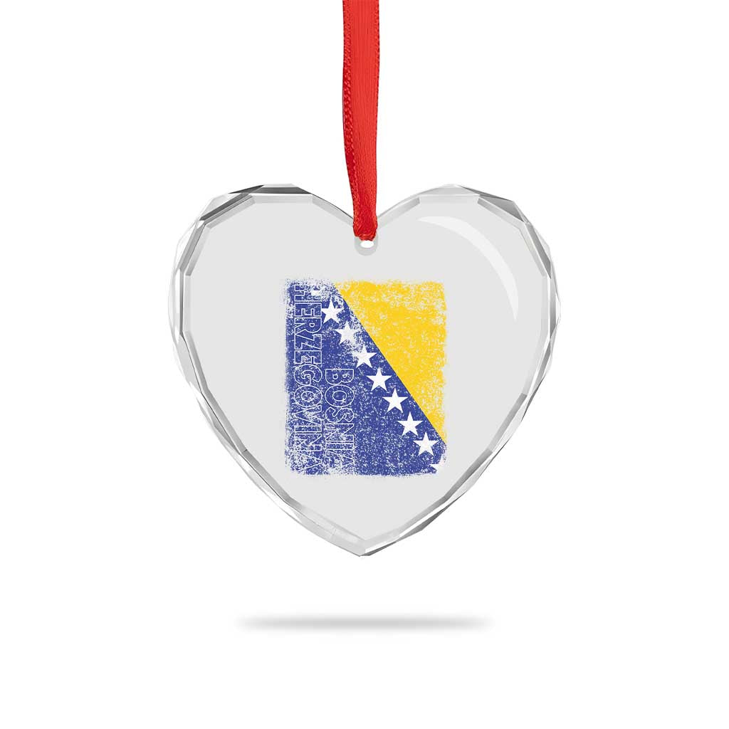 Vintage Grunge Bosnia Herzegovina National Flag Heart Crystal Glass Ornament Bosnian Pride Soccer Heritage Sports Fan