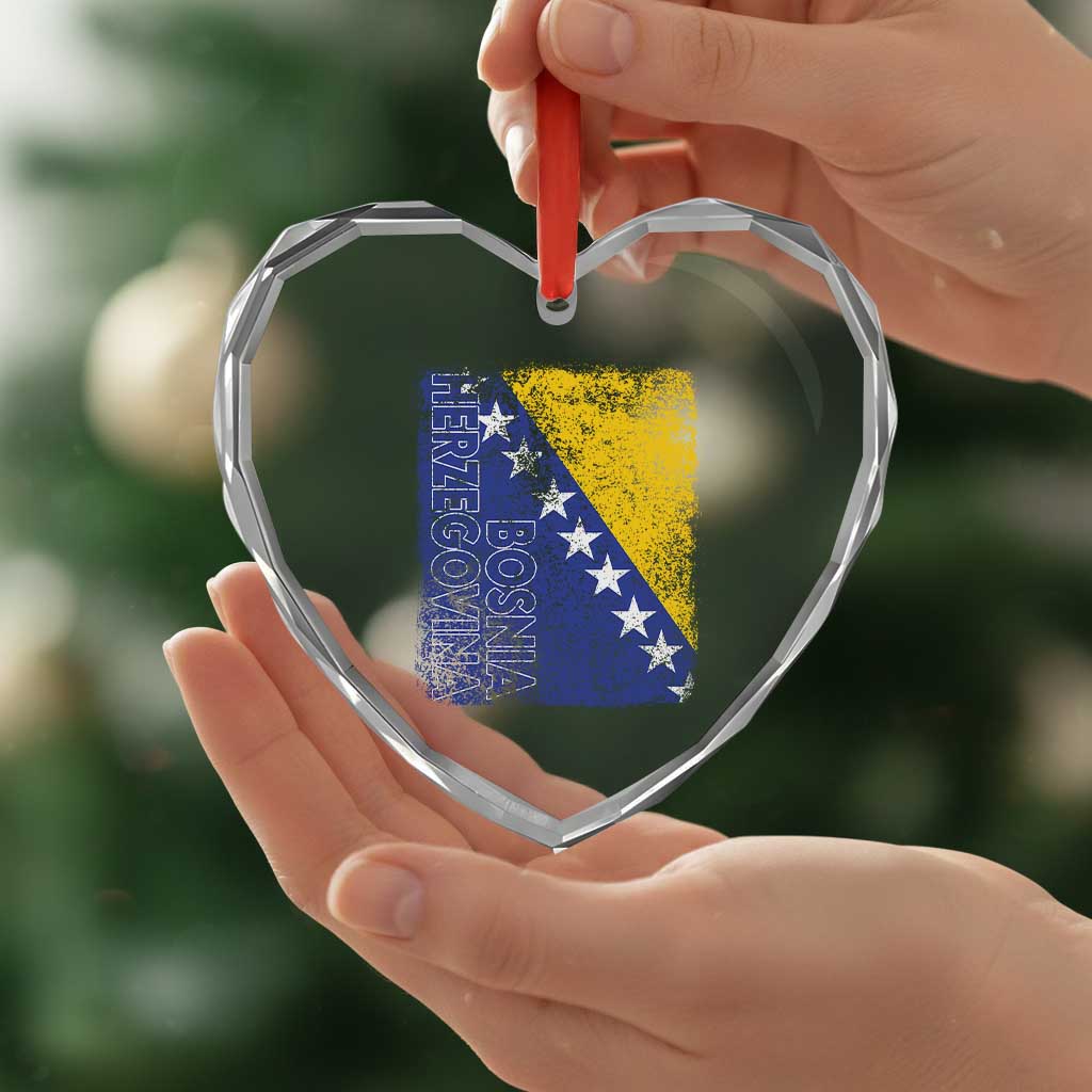 Vintage Grunge Bosnia Herzegovina National Flag Heart Crystal Glass Ornament Bosnian Pride Soccer Heritage Sports Fan